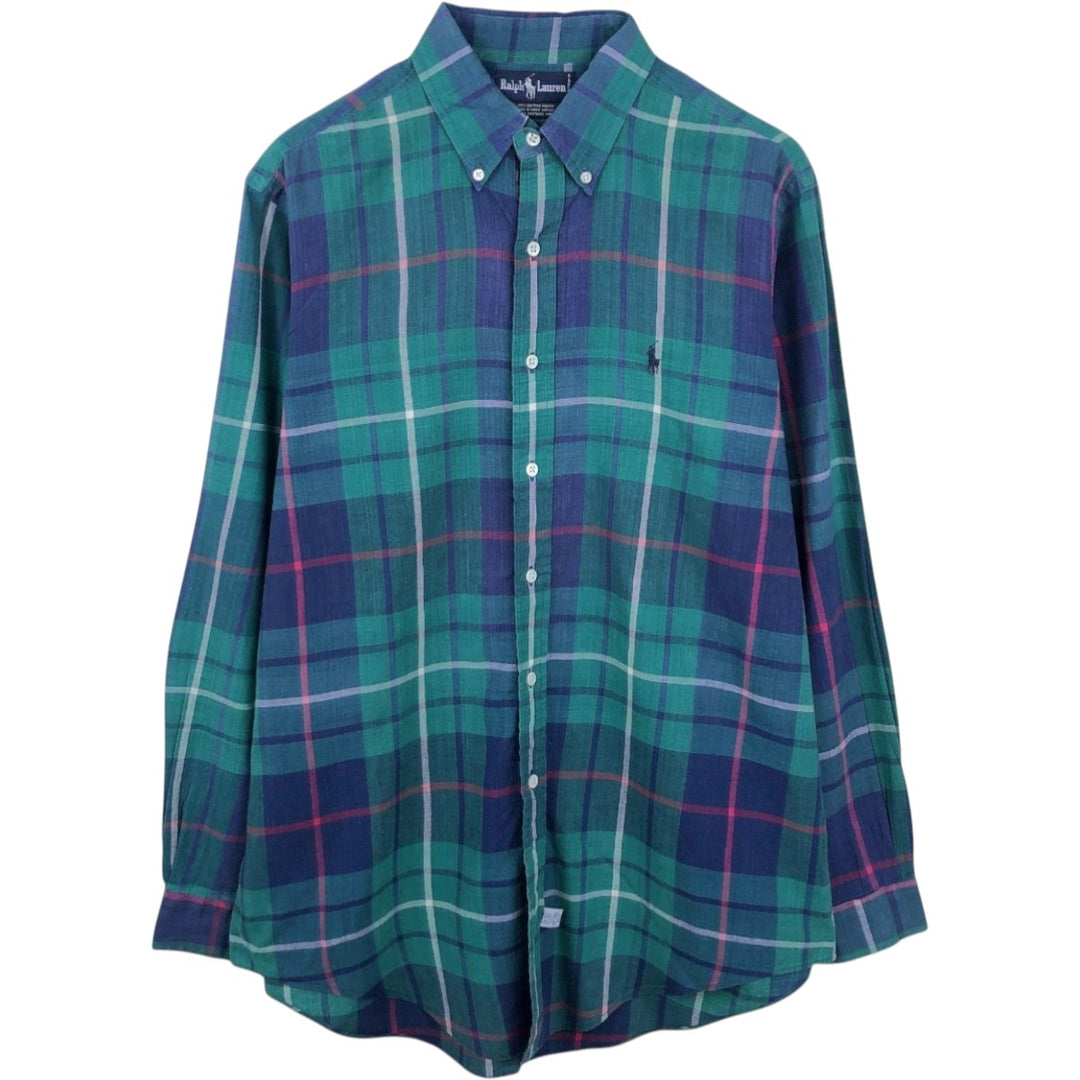 Ralph Lauren Madras Check Long Sleeve Button-Down Check Shirt, Men's Size L cotton green type Vintage Second Hand