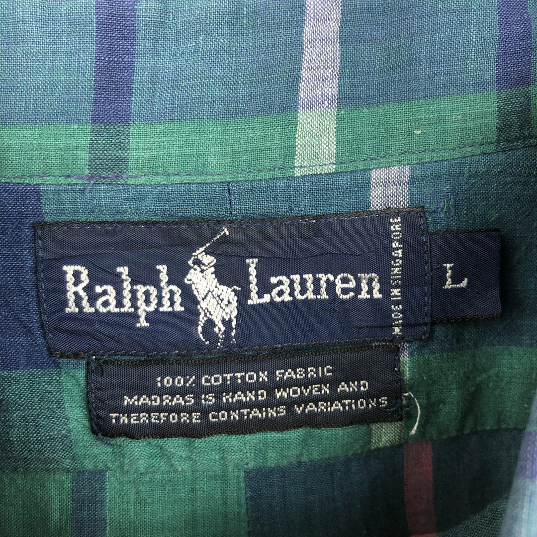 Ralph Lauren Madras Check Long Sleeve Button-Down Check Shirt, Men's Size L cotton green type Vintage Second Hand