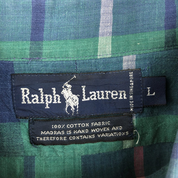 Ralph Lauren Madras Check Long Sleeve Button-Down Check Shirt, Men's Size L cotton green type Vintage Second Hand