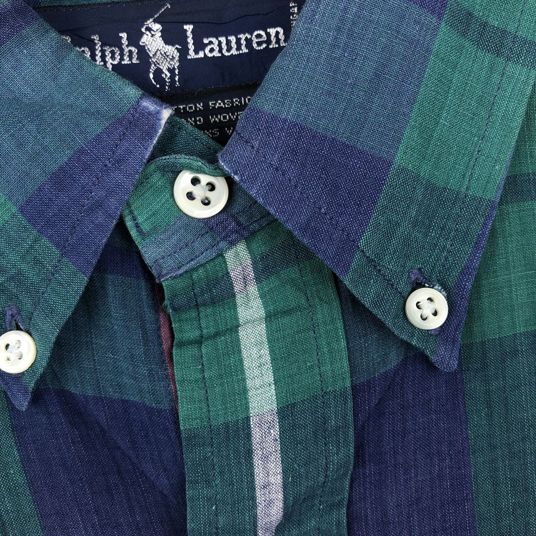 Ralph Lauren Madras Check Long Sleeve Button-Down Check Shirt, Men's Size L cotton green type Vintage Second Hand