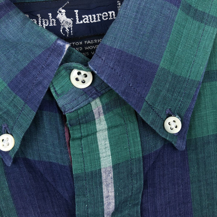Ralph Lauren Madras Check Long Sleeve Button-Down Check Shirt, Men's Size L cotton green type Vintage Second Hand