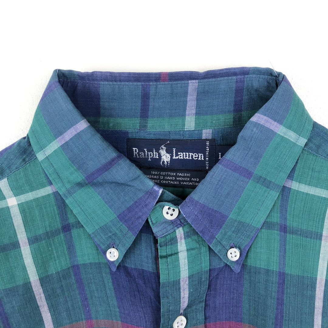 Ralph Lauren Madras Check Long Sleeve Button-Down Check Shirt, Men's Size L cotton green type Vintage Second Hand