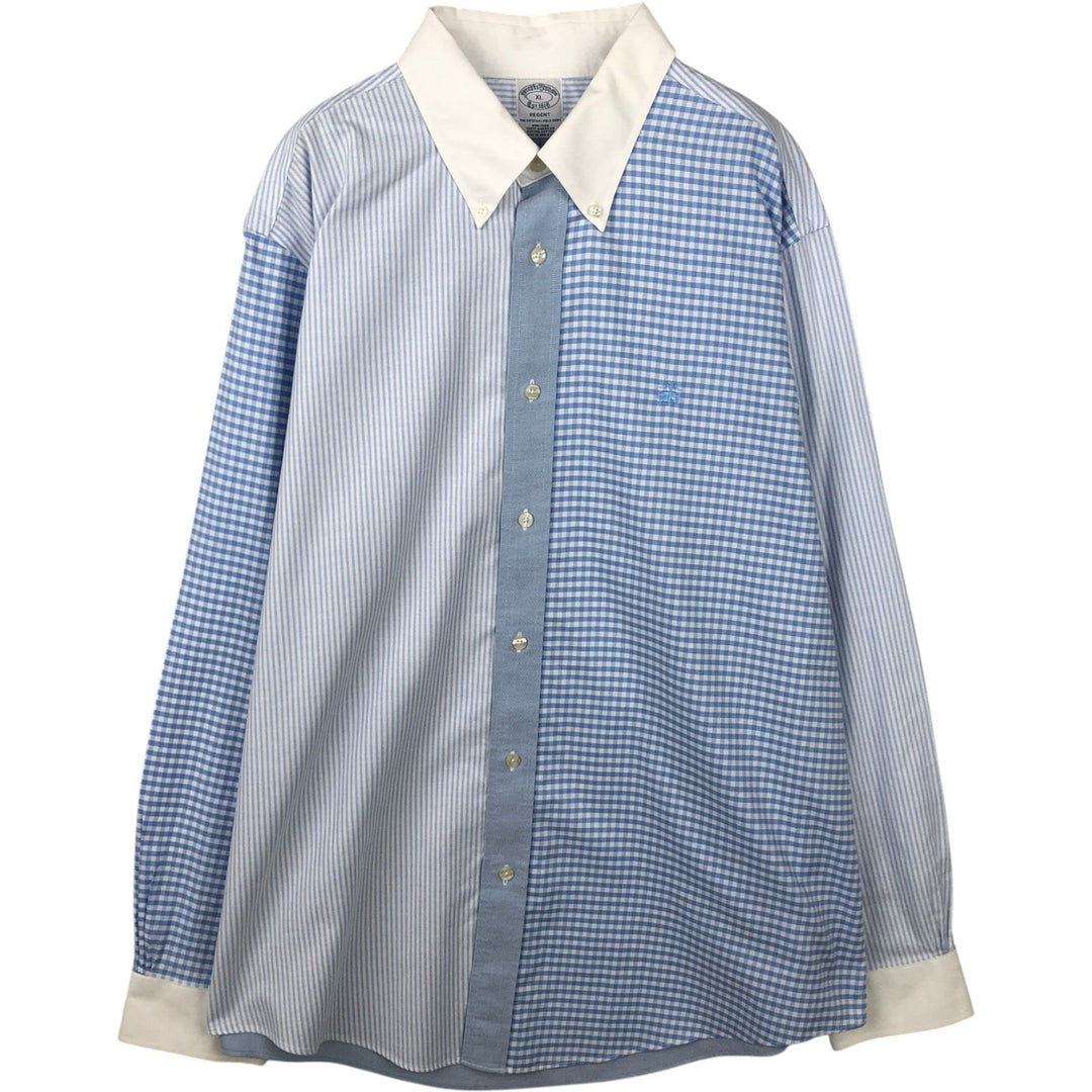 Brooks Brothers Check Pattern Stripe Pattern Long-Sleeve Button-Down Shirt Cleric Shirt Men's Size XL (approx.) Supima Cotton Blue type light blue Vintage Second Hand