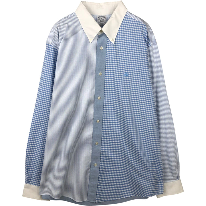 Brooks Brothers Check Pattern Stripe Pattern Long-Sleeve Button-Down Shirt Cleric Shirt Men's Size XL (approx.) Supima Cotton Blue type light blue Vintage Second Hand