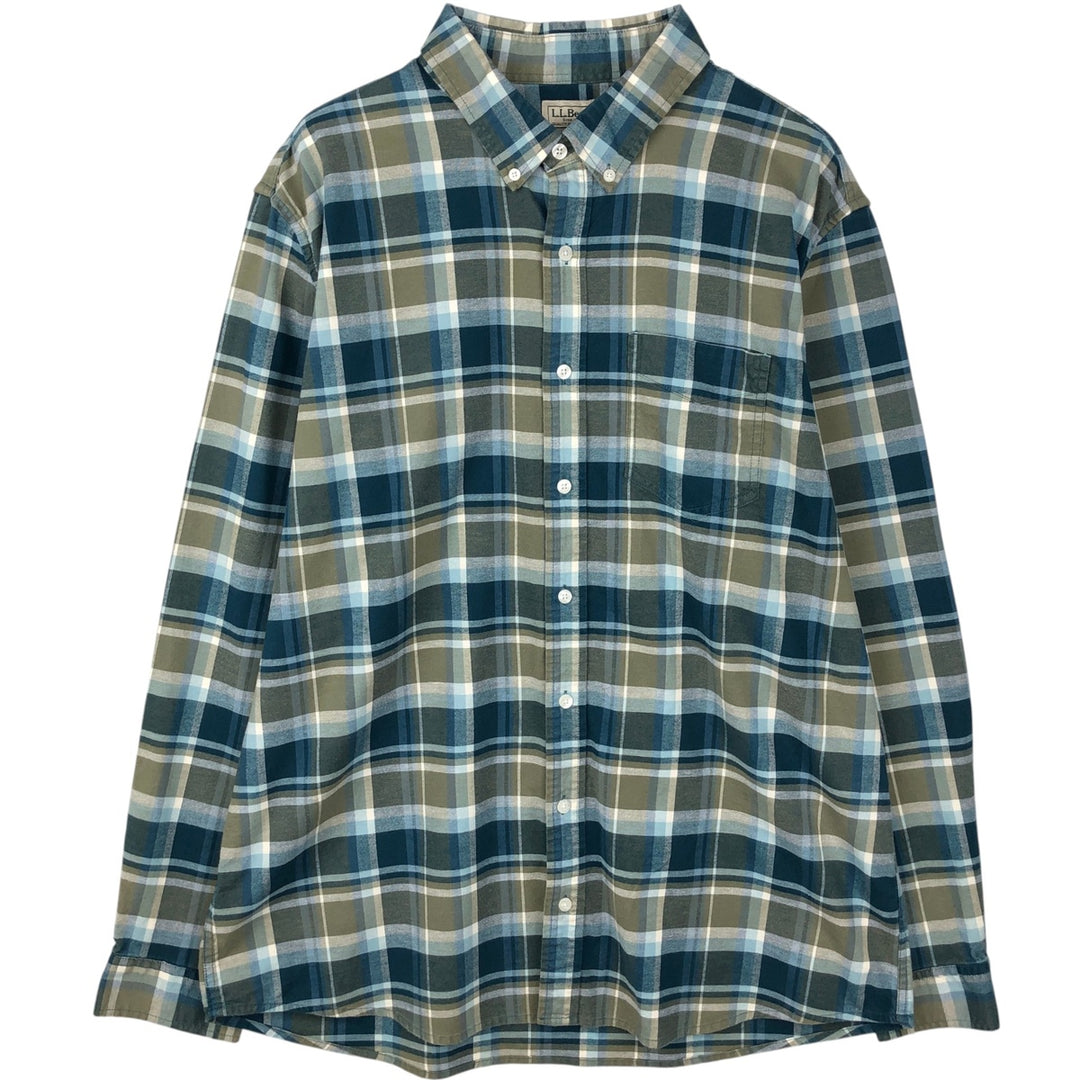 ~2000'S LLBean Long-Sleeve Button-Down Check Shirt, Men's Size XL cotton green type yellow green Vintage Second Hand