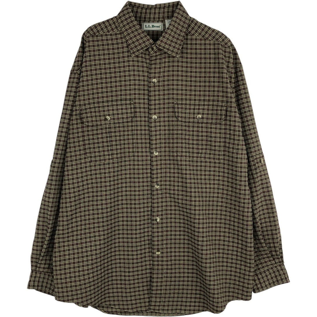 ~90'S L.L.Bean Check Pattern Seersucker Long-Sleeve Polyester Shirt, Roll-Up Style, Men's Size L (Equivalent), Vintage polyester Khaki type Vintage Second Hand
