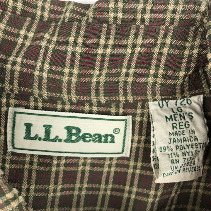 ~90'S L.L.Bean Check Pattern Seersucker Long-Sleeve Polyester Shirt, Roll-Up Style, Men's Size L (Equivalent), Vintage polyester Khaki type Vintage Second Hand