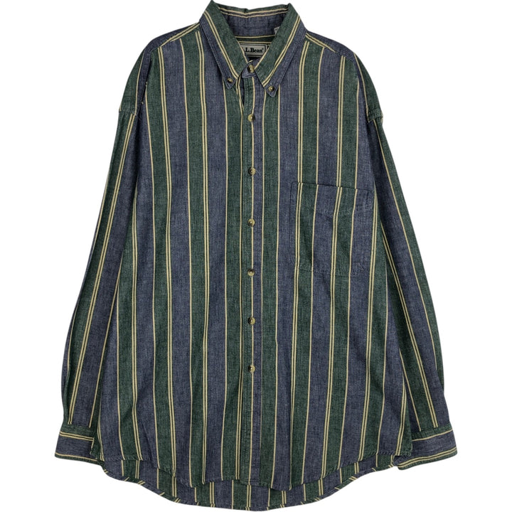 ~90'S LLBean Long-Sleeve Button-Down Striped Shirt, Made in Canada, Men's Size L (Equivalent), Vintage cotton navy blue type Vintage Second Hand
