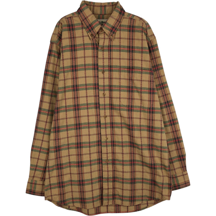Vintage LLBean long-sleeved button-down check shirt from the 1990s, men's size M. cotton beige type brown Vintage Second Hand