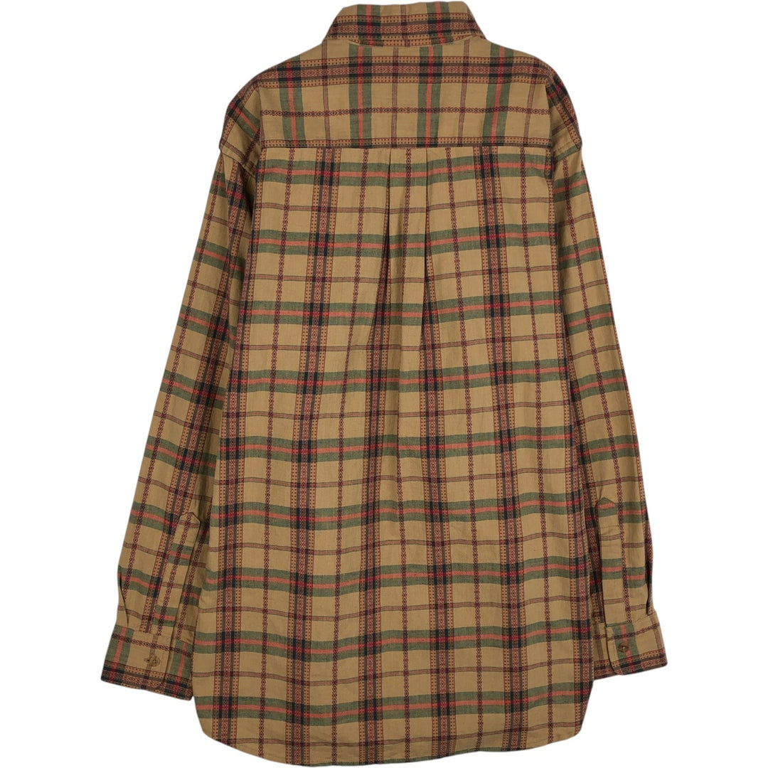 Vintage LLBean long-sleeved button-down check shirt from the 1990s, men's size M. cotton beige type brown Vintage Second Hand
