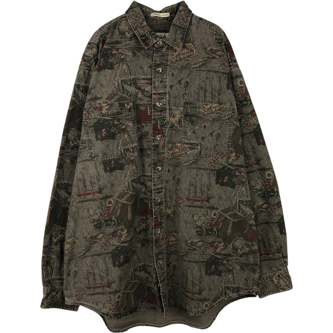 1990'S Eddie Bauer Elkhorn Canvas all-over print long-sleeved cotton shirt, men's size XL equivalent, vintage. cotton Khaki type Vintage Second Hand