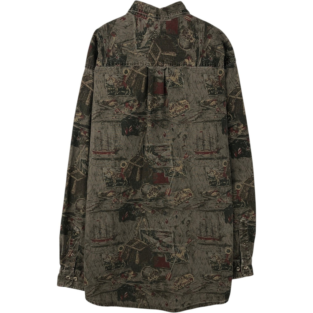 1990'S Eddie Bauer Elkhorn Canvas all-over print long-sleeved cotton shirt, men's size XL equivalent, vintage. cotton Khaki type Vintage Second Hand