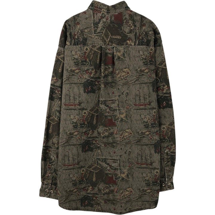 1990'S Eddie Bauer Elkhorn Canvas all-over print long-sleeved cotton shirt, men's size XL equivalent, vintage. cotton Khaki type Vintage Second Hand