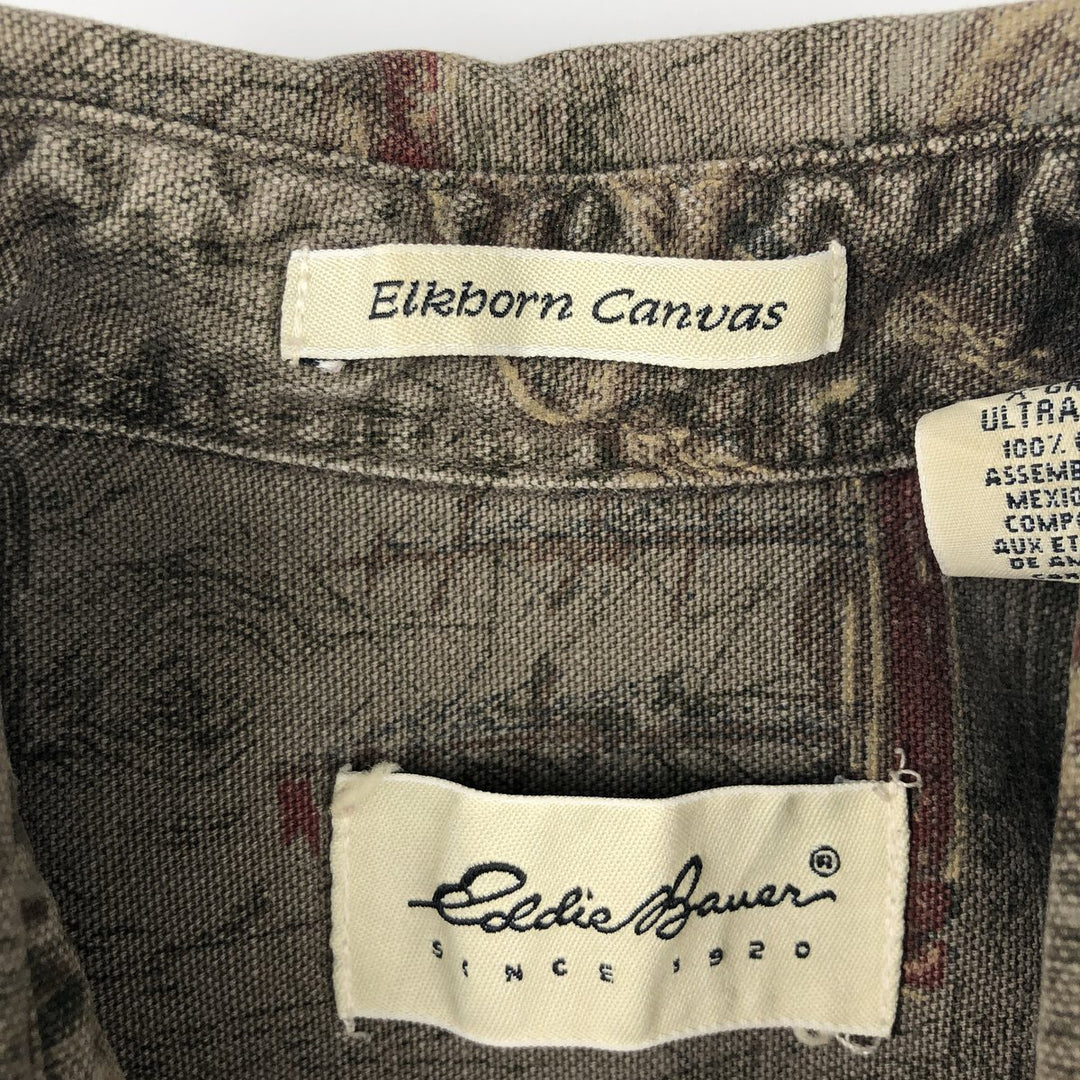 1990'S Eddie Bauer Elkhorn Canvas all-over print long-sleeved cotton shirt, men's size XL equivalent, vintage. cotton Khaki type Vintage Second Hand