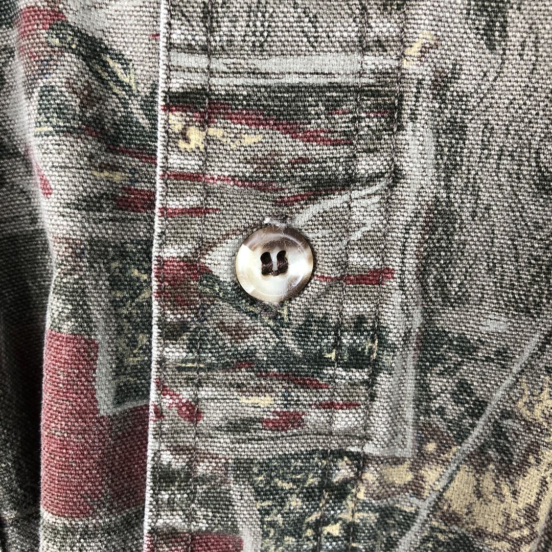 1990'S Eddie Bauer Elkhorn Canvas all-over print long-sleeved cotton shirt, men's size XL equivalent, vintage. cotton Khaki type Vintage Second Hand