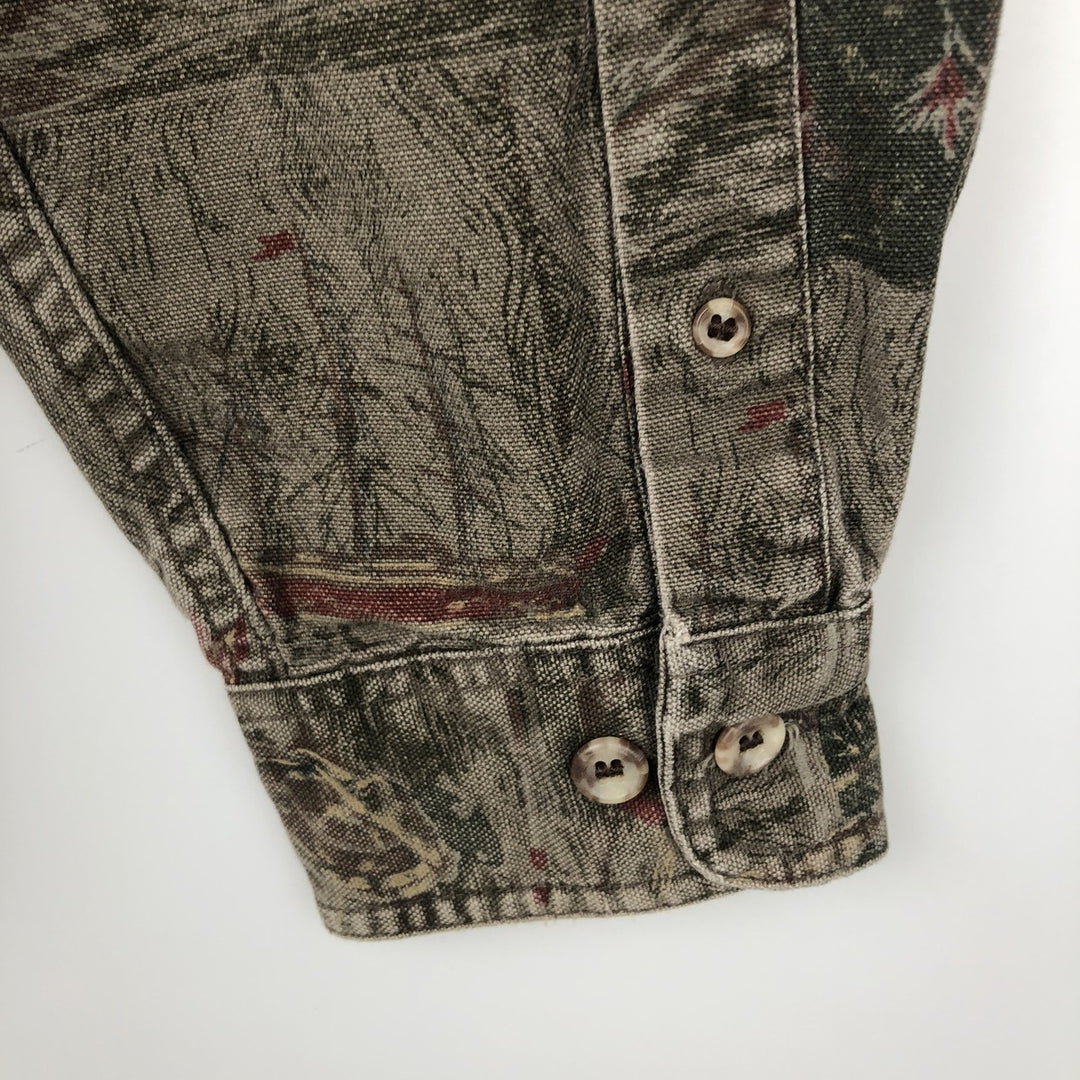 1990'S Eddie Bauer Elkhorn Canvas all-over print long-sleeved cotton shirt, men's size XL equivalent, vintage. cotton Khaki type Vintage Second Hand