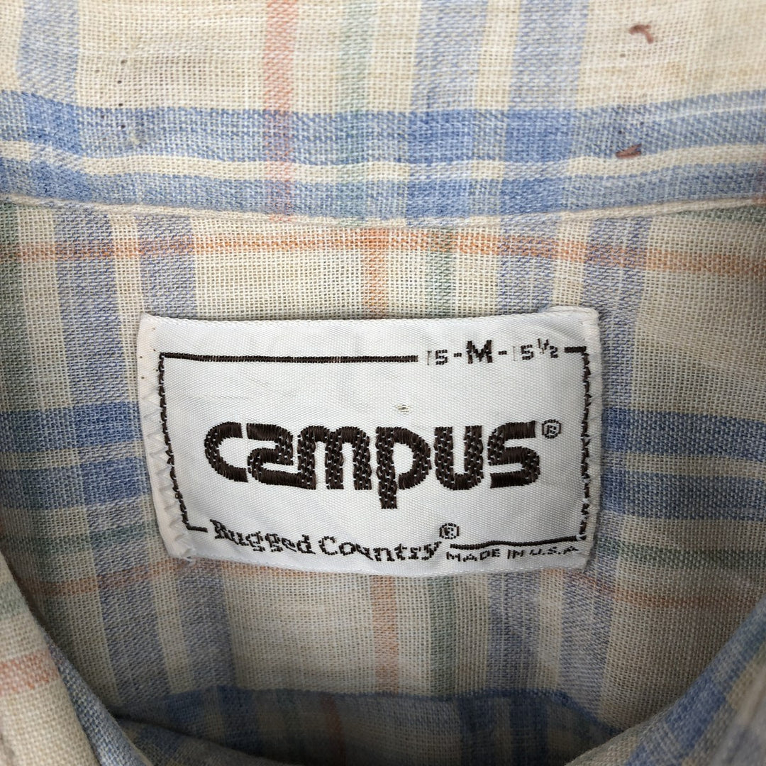 70s-era Campus long-sleeved check shirt, made in USA, men's size M equivalent, vintage. unclear Beige type Vintage Second Hand