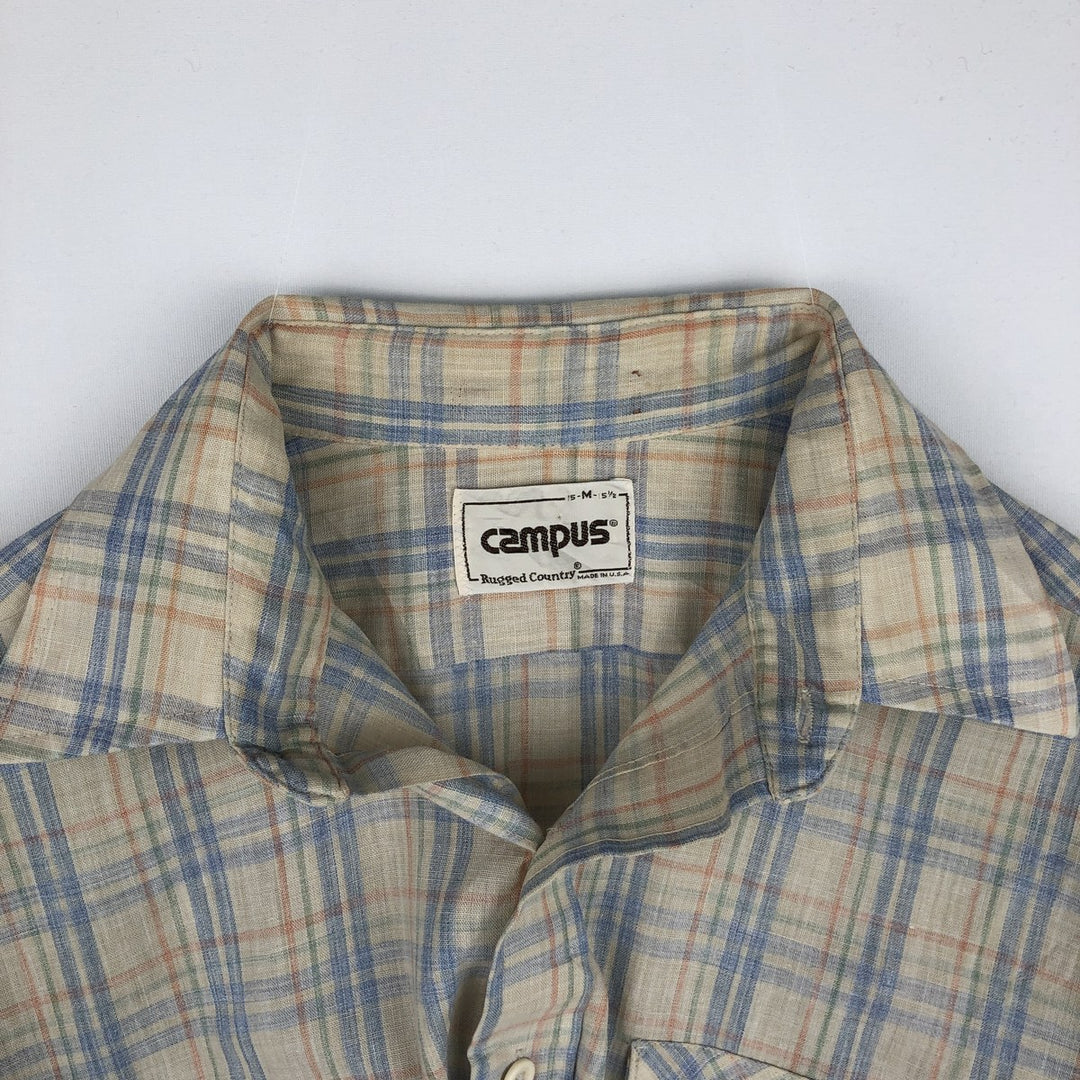 70s-era Campus long-sleeved check shirt, made in USA, men's size M equivalent, vintage. unclear Beige type Vintage Second Hand