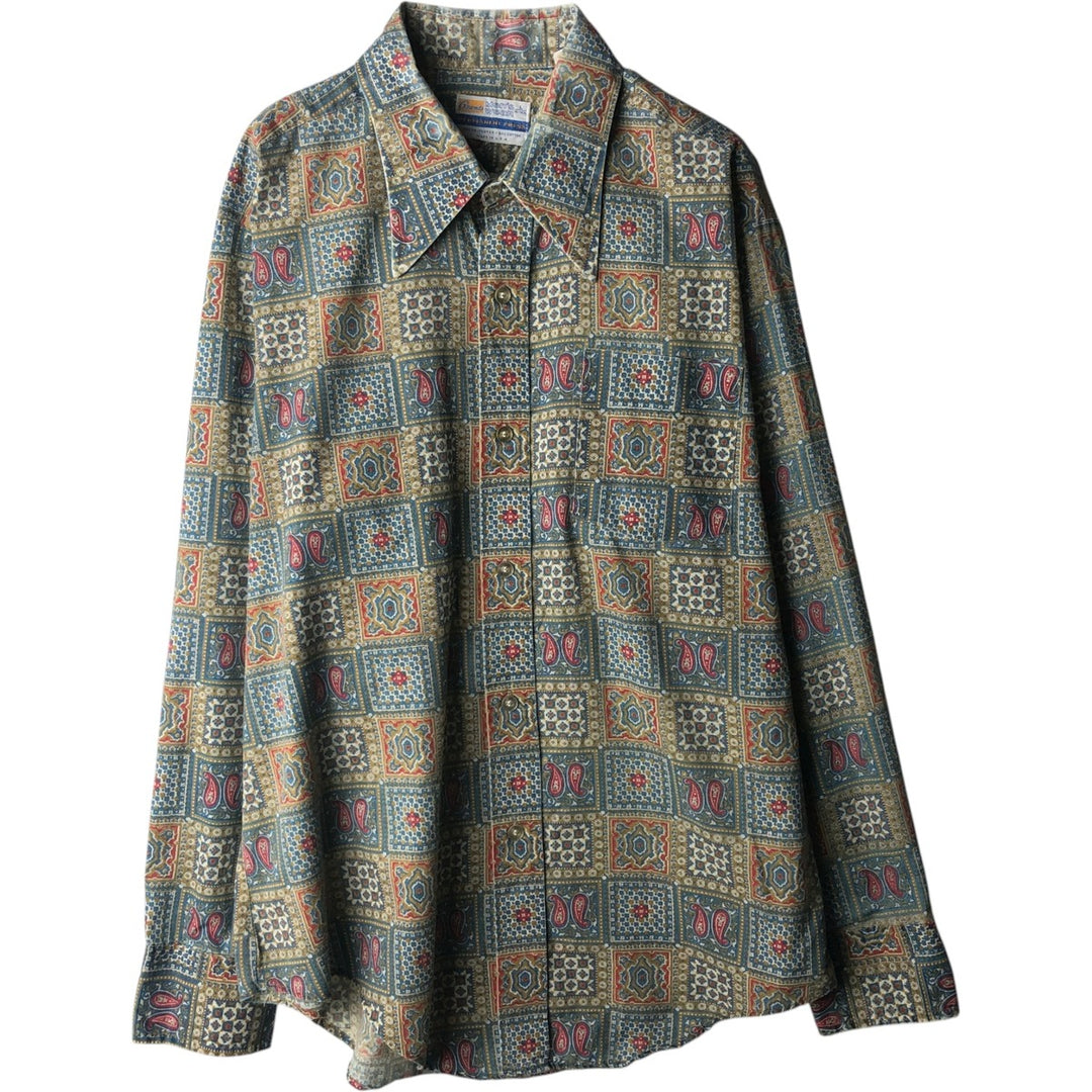 Grants Men's Wear Paisley Pattern Long-Sleeve Cotton Shirt, Made in USA, Men's Size L (Equivalent), Vintage polyester green type Vintage Second Hand