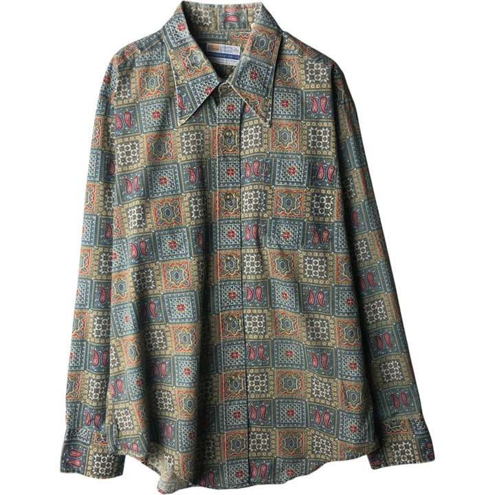 Grants Men's Wear Paisley Pattern Long-Sleeve Cotton Shirt, Made in USA, Men's Size L (Equivalent), Vintage polyester green type Vintage Second Hand