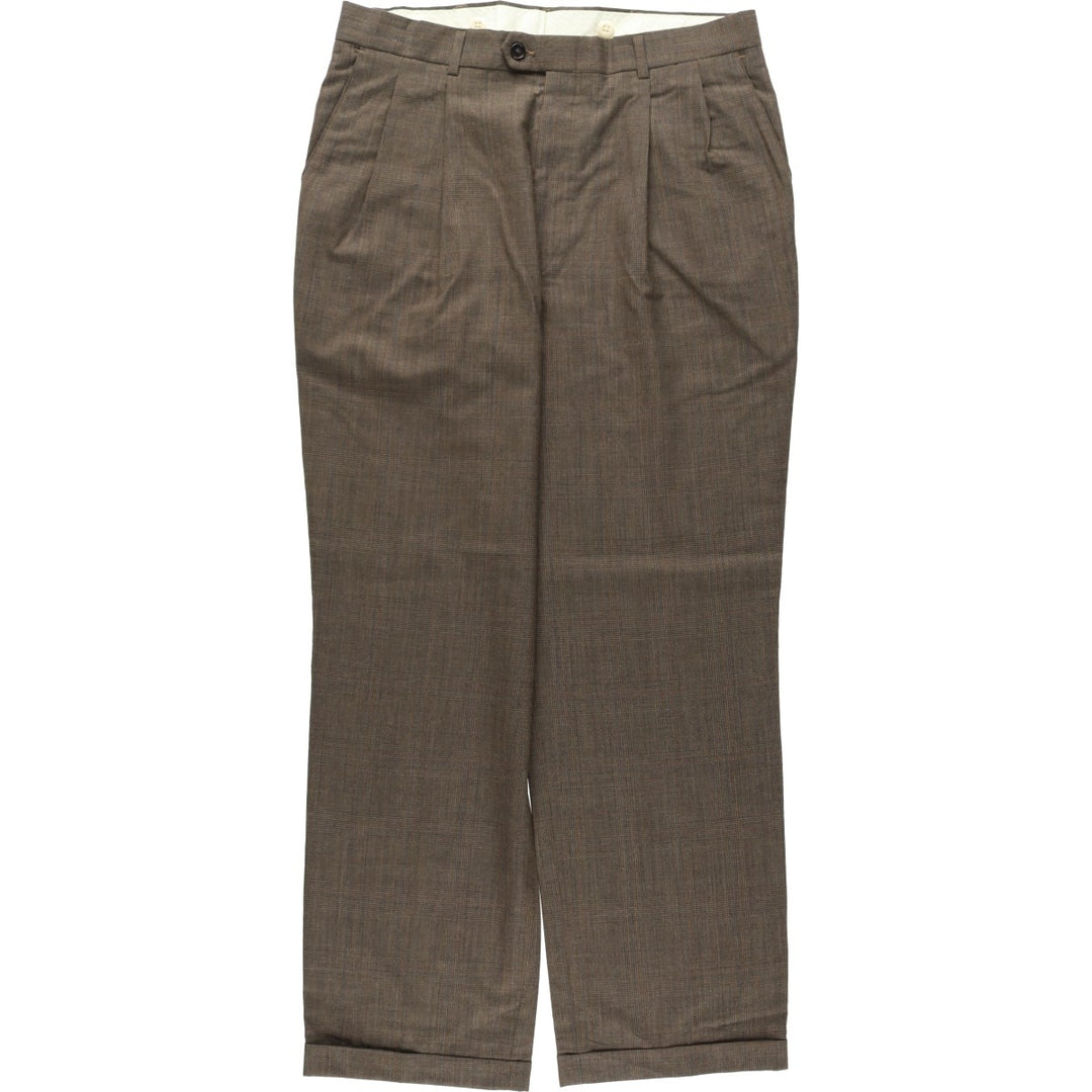 Haggar Check Pattern Two-Pleat Wool Trousers, Made in USA, Men's Size W34 (approx.) wool Khaki type brown Vintage Second Hand