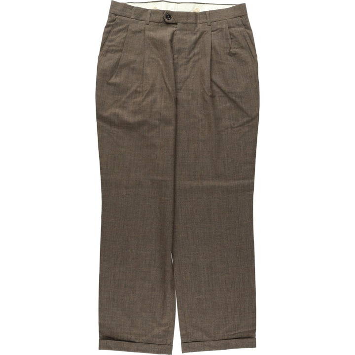 Haggar Check Pattern Two-Pleat Wool Trousers, Made in USA, Men's Size W34 (approx.) wool Khaki type brown Vintage Second Hand