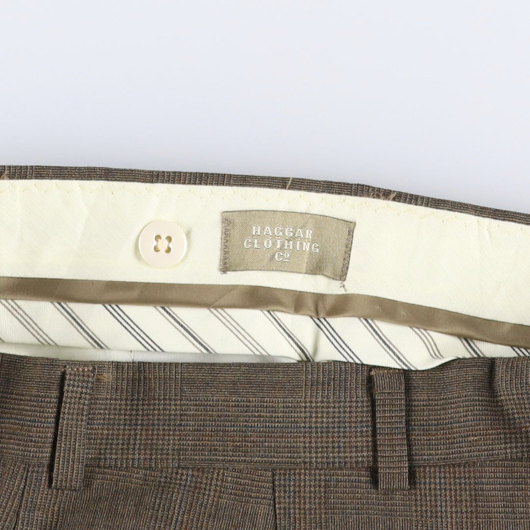 Haggar Check Pattern Two-Pleat Wool Trousers, Made in USA, Men's Size W34 (approx.) wool Khaki type brown Vintage Second Hand
