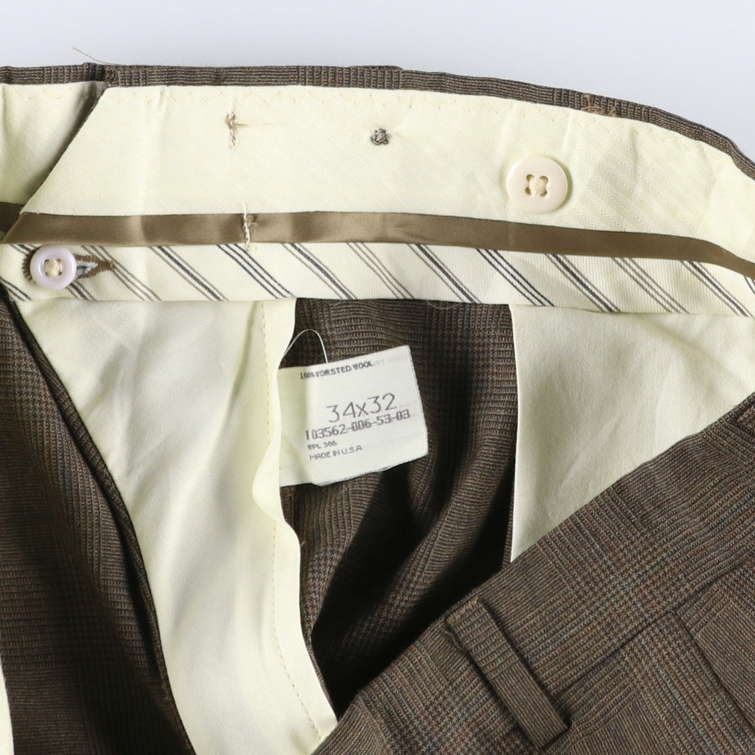 Haggar Check Pattern Two-Pleat Wool Trousers, Made in USA, Men's Size W34 (approx.) wool Khaki type brown Vintage Second Hand