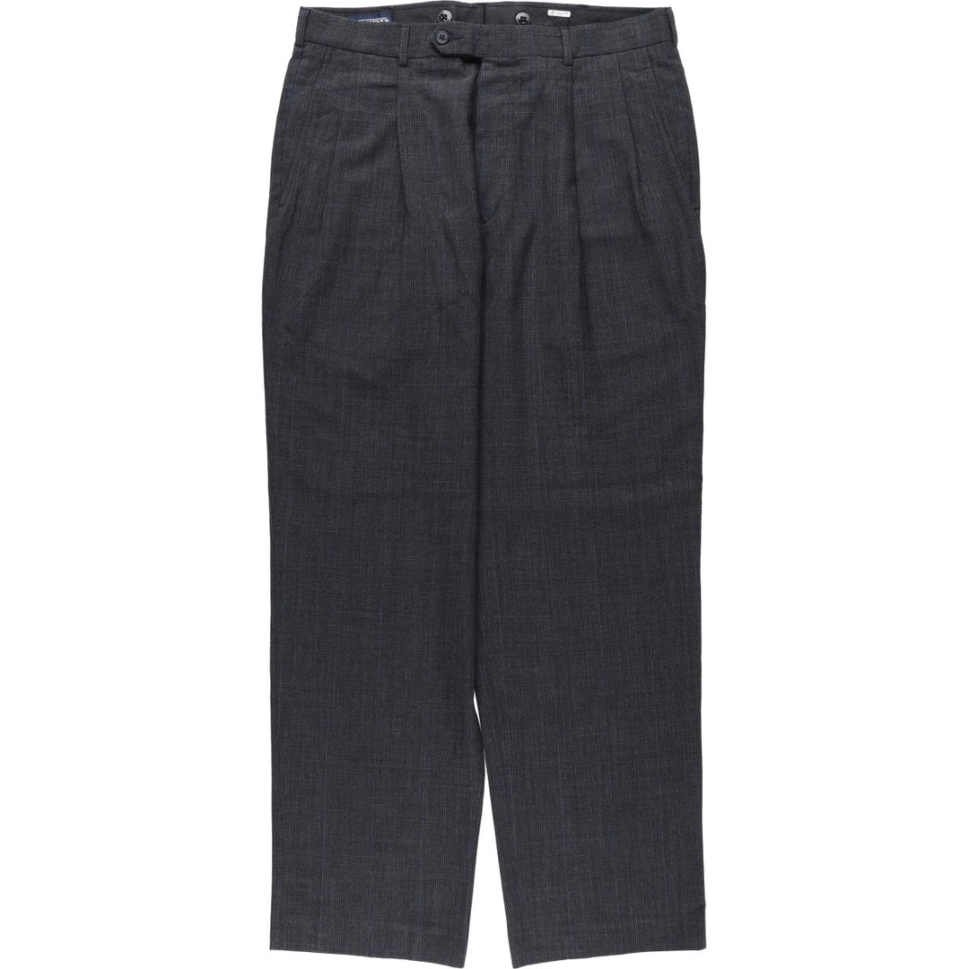 1990'S Lands' End Check Pattern Two-Pleat Wool Trousers, Made in USA, Men's Size W34 (approx.), Vintage wool Charcoal Vintage Second Hand