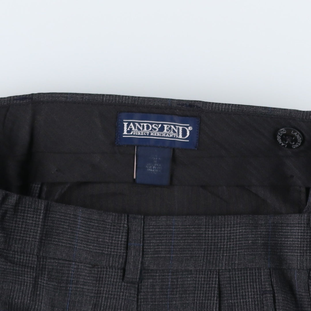 1990'S Lands' End Check Pattern Two-Pleat Wool Trousers, Made in USA, Men's Size W34 (approx.), Vintage wool Charcoal Vintage Second Hand