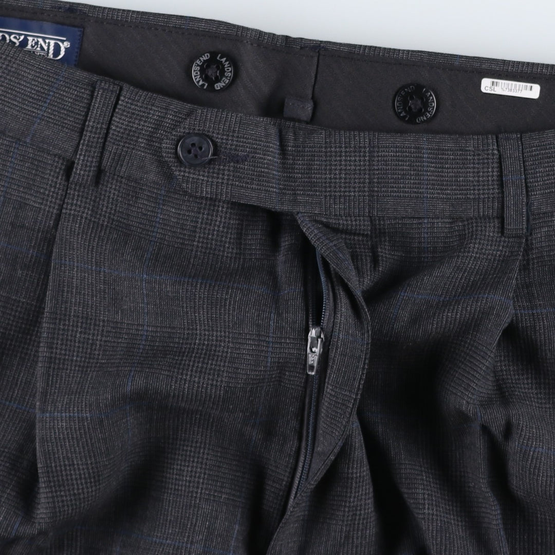 1990'S Lands' End Check Pattern Two-Pleat Wool Trousers, Made in USA, Men's Size W34 (approx.), Vintage wool Charcoal Vintage Second Hand