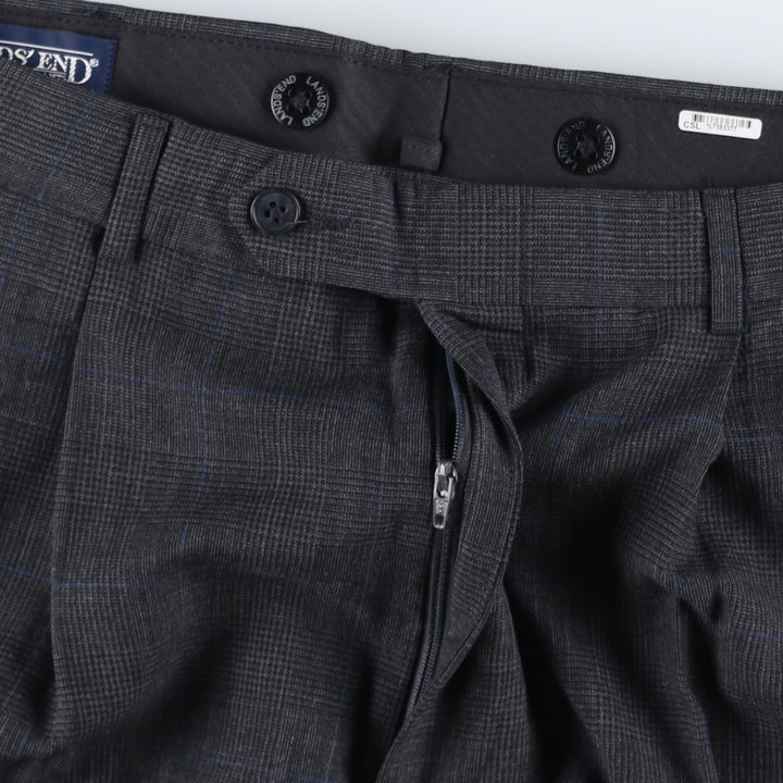 1990'S Lands' End Check Pattern Two-Pleat Wool Trousers, Made in USA, Men's Size W34 (approx.), Vintage wool Charcoal Vintage Second Hand