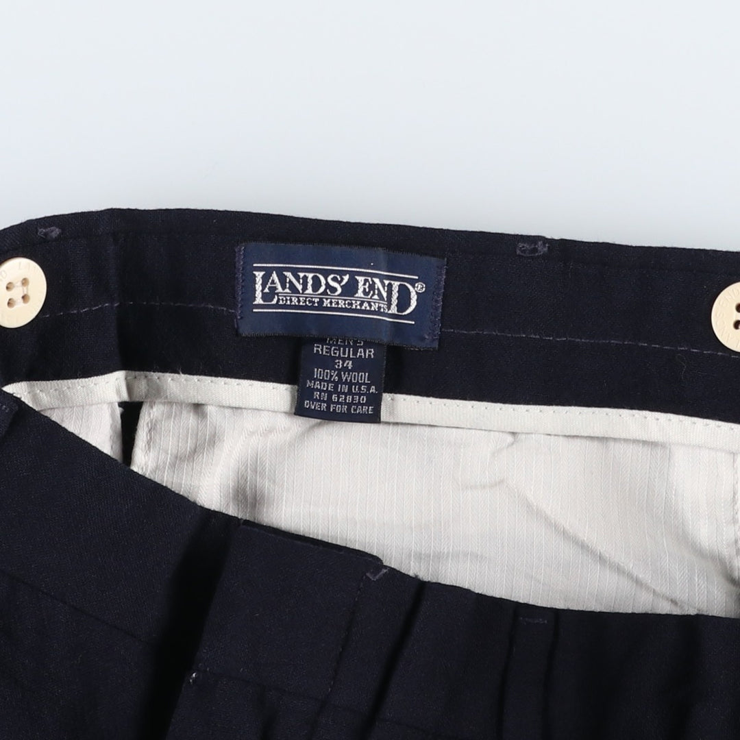 1990'S Lands' End Two-Pleat Wool Trousers, Made in USA, Men's Size W33 (approx.), Vintage wool navy blue type Vintage Second Hand