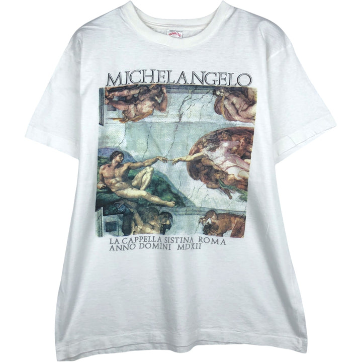 90'S SUNRISE Creazione di Adamo (The Creation of Adam) Art T-shirt, Men's XL equivalent, Vintage cotton white type Vintage Second Hand