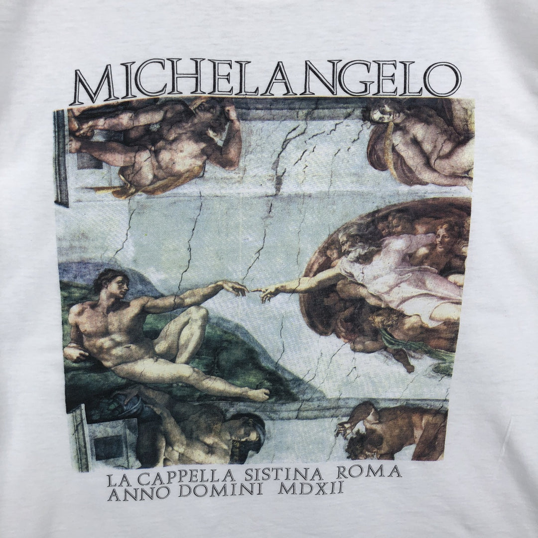 90'S SUNRISE Creazione di Adamo (The Creation of Adam) Art T-shirt, Men's XL equivalent, Vintage cotton white type Vintage Second Hand