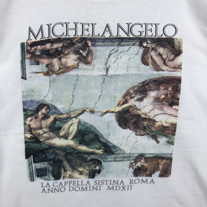 90'S SUNRISE Creazione di Adamo (The Creation of Adam) Art T-shirt, Men's XL equivalent, Vintage cotton white type Vintage Second Hand