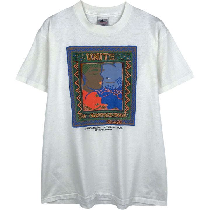 90'S ONEITA ONE PLANET ONE PEOPLE Art T-shirt, Men's Size L (approx.), Vintage cotton white type Vintage Second Hand