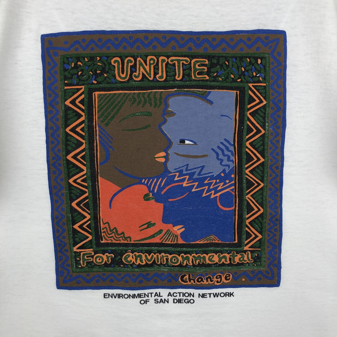 90'S ONEITA ONE PLANET ONE PEOPLE Art T-shirt, Men's Size L (approx.), Vintage cotton white type Vintage Second Hand