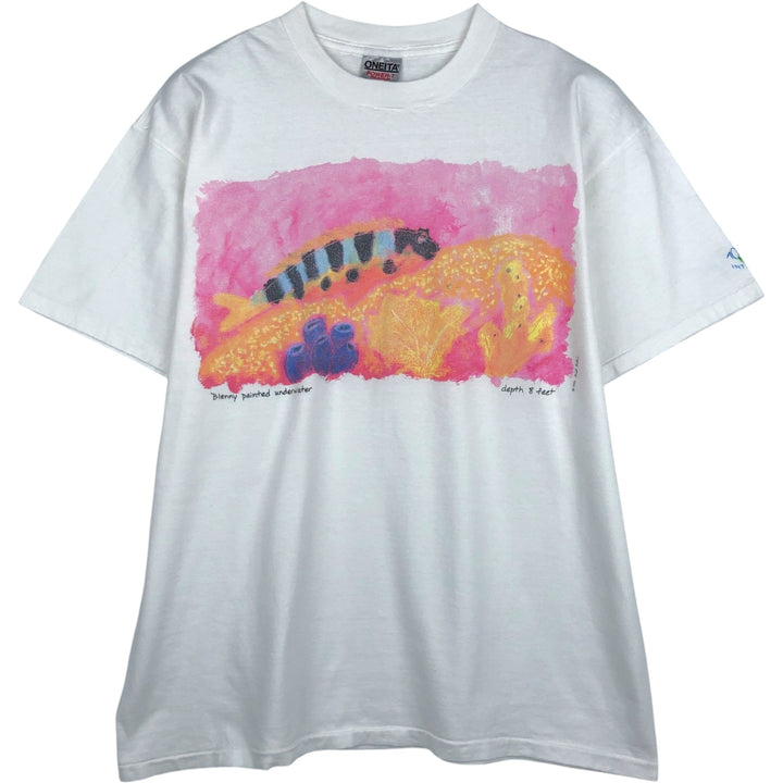 90'S ONEITA Elegant blenny Art T-shirt, Men's XL equivalent, Vintage cotton white type Vintage Second Hand