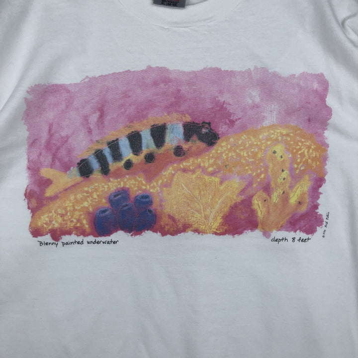 90'S ONEITA Elegant blenny Art T-shirt, Men's XL equivalent, Vintage cotton white type Vintage Second Hand