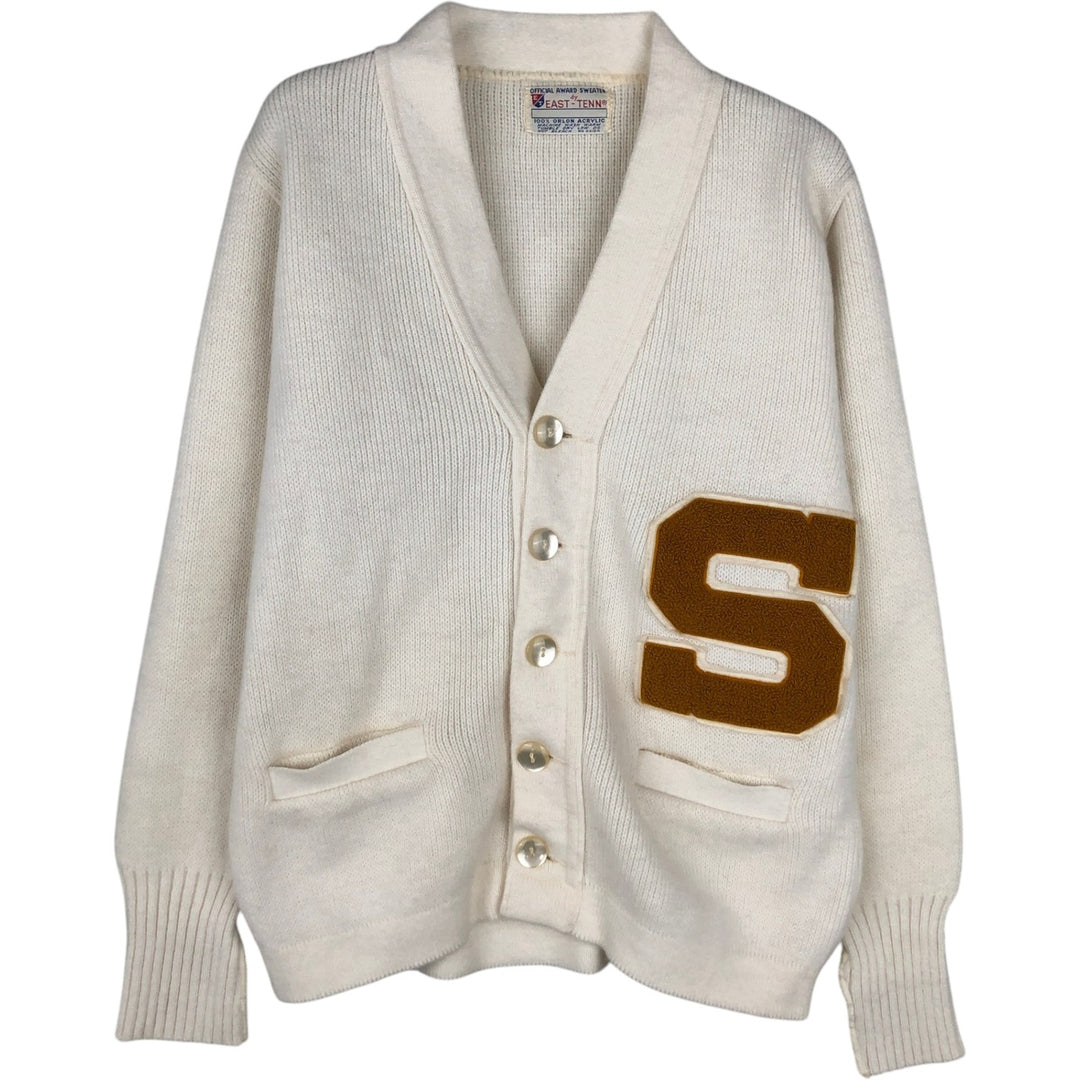 1960'S East Tenn Acrylic Lettered Knit Cardigan, Men's Size M (approx.), Vintage Oron Acrylic white type Vintage Second Hand