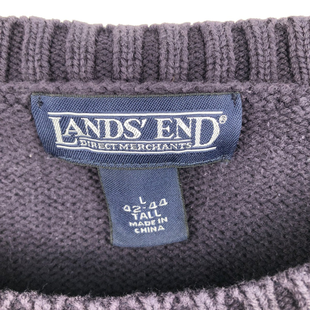1990'S Lands' End Cotton Knit Sweater, Men's Size L (approx.), Vintage cotton navy blue type Vintage Second Hand