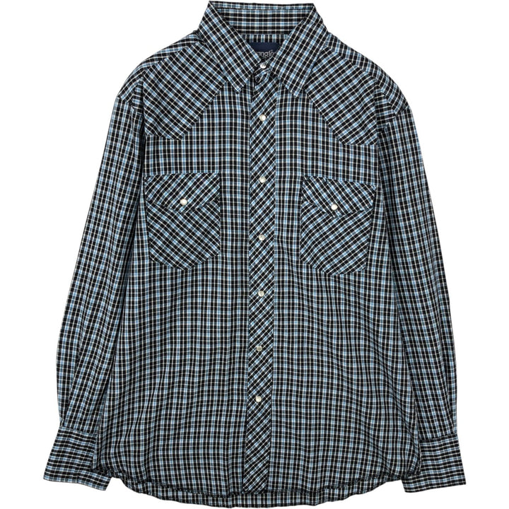Wrangler Check Pattern Long-Sleeve Western Shirt, Men's Size M (approx.) cotton Blue type light blue Vintage Second Hand