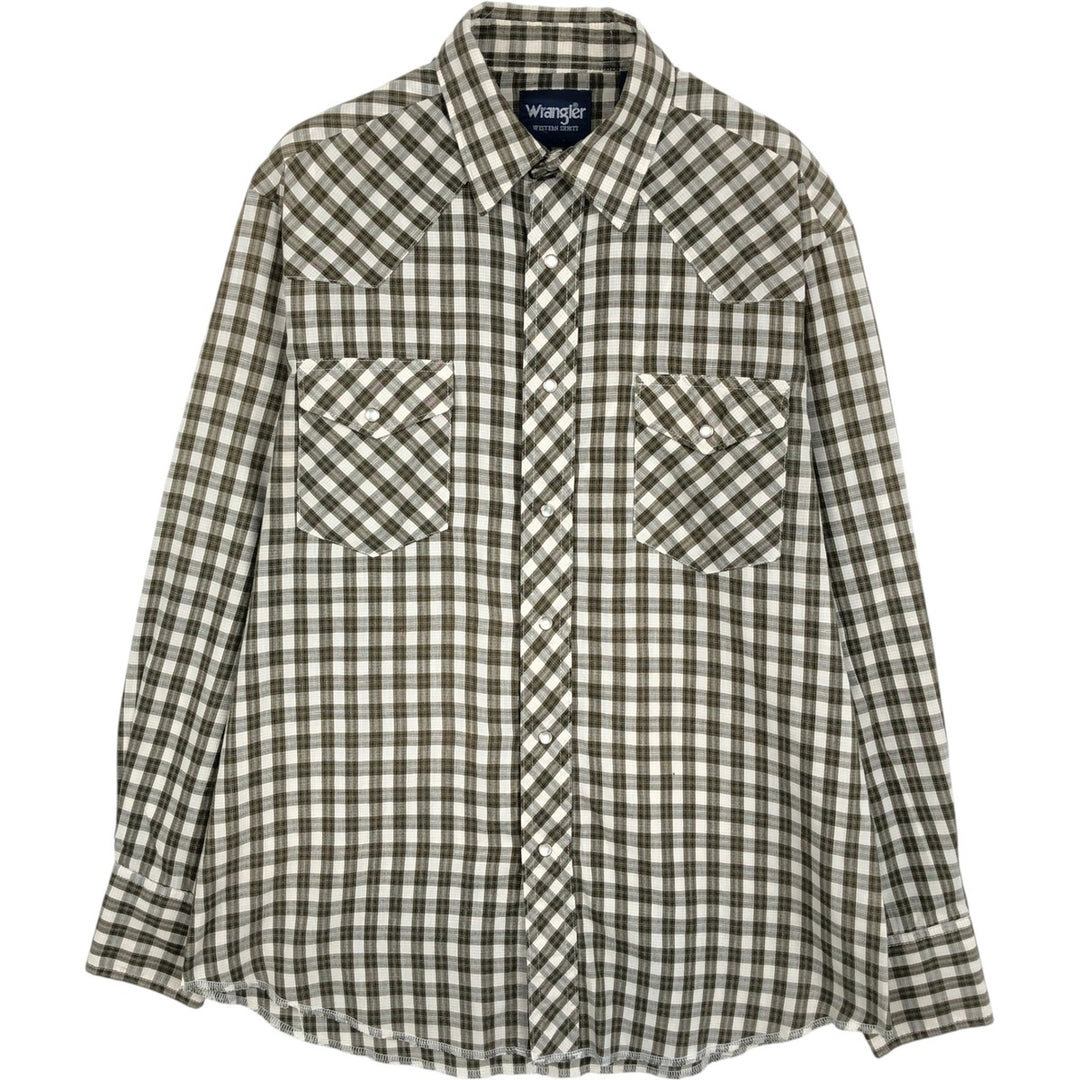 Wrangler Check Pattern Long-Sleeve Western Shirt, Men's Size M (approx.) cotton Khaki type Vintage Second Hand