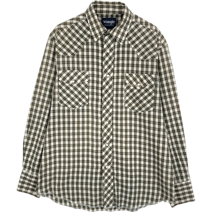 Wrangler Check Pattern Long-Sleeve Western Shirt, Men's Size M (approx.) cotton Khaki type Vintage Second Hand