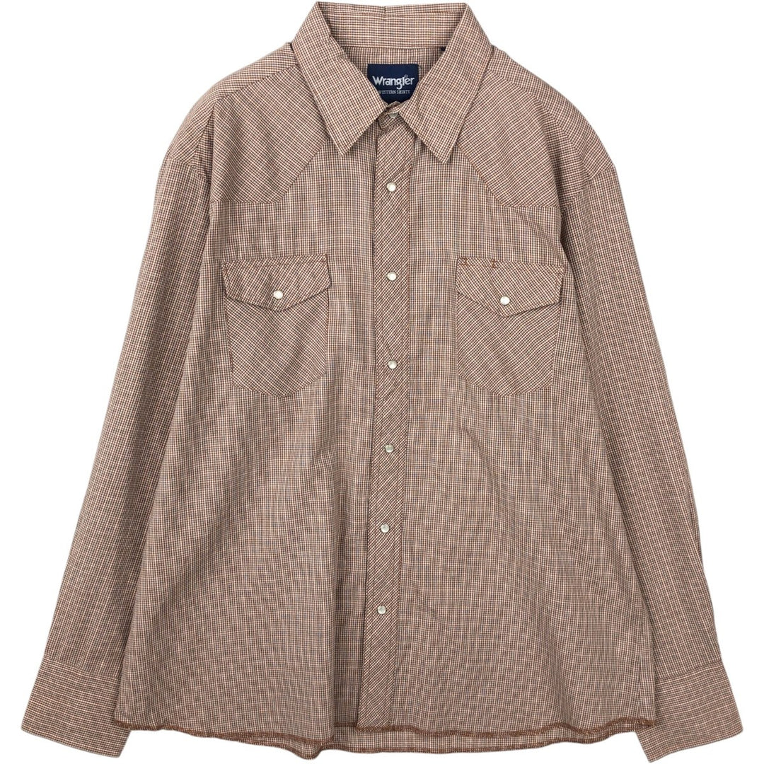 Wrangler Check Pattern Long Sleeve Western Shirt, Men's Size XL cotton brown type Vintage Second Hand