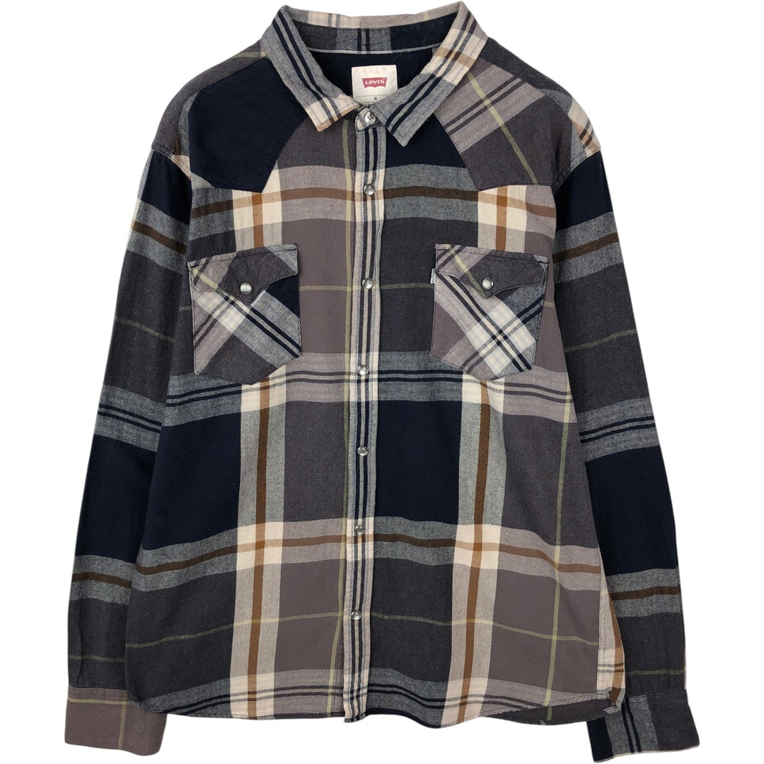 Levi's Check Pattern Long-Sleeve Western Flannel Check Shirt, Men's Size XL (approx.) cotton Beige type Vintage Second Hand