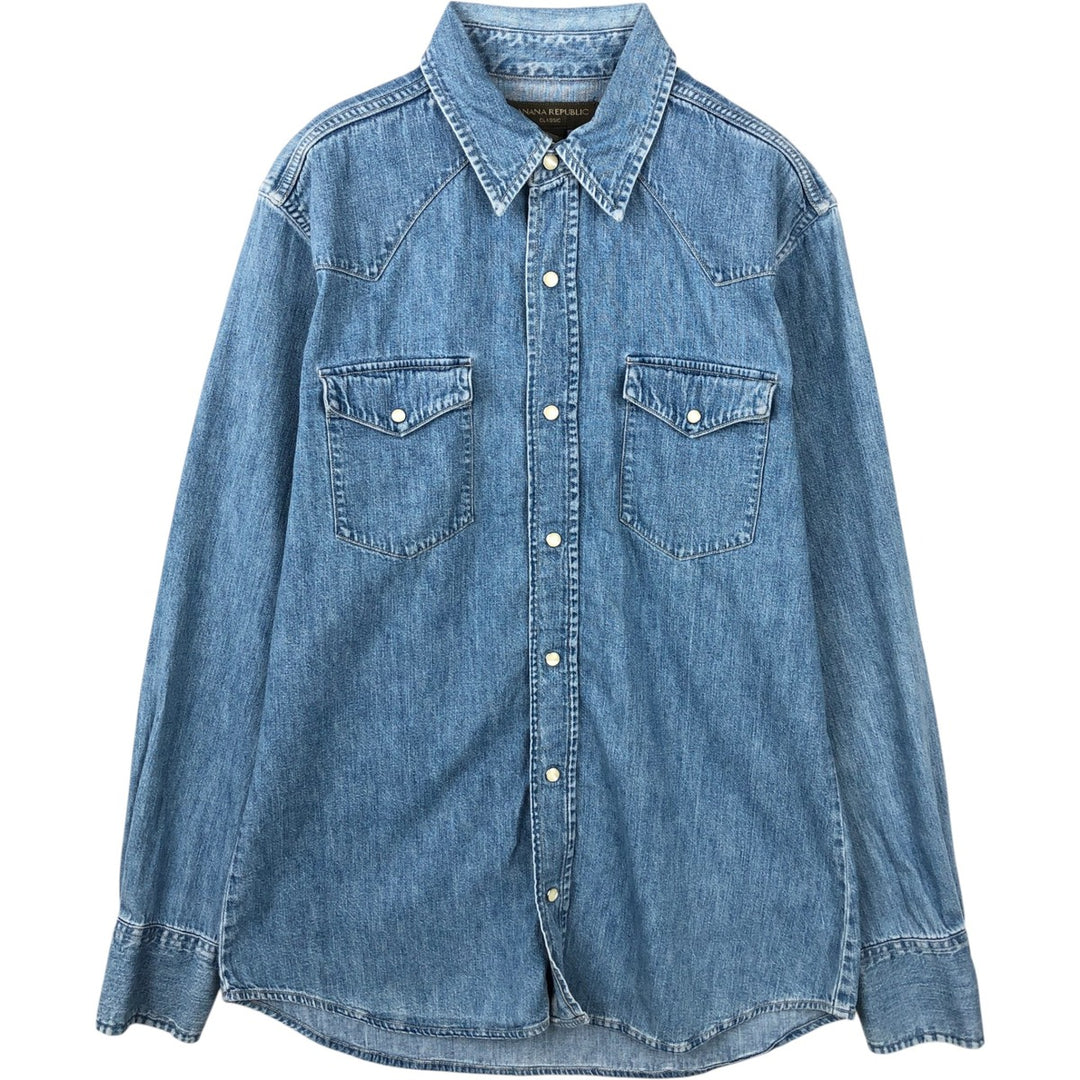 2000'S Banana Republic Long-Sleeve Denim Western Shirt, Men's Size M (approx.) cotton Blue type light blue Vintage Second Hand