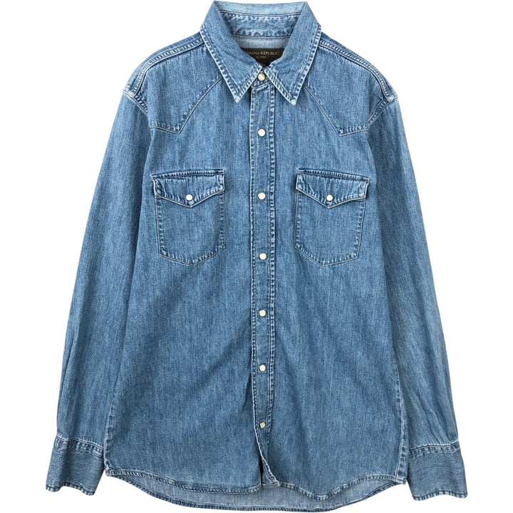 2000'S Banana Republic Long-Sleeve Denim Western Shirt, Men's Size M (approx.) cotton Blue type light blue Vintage Second Hand