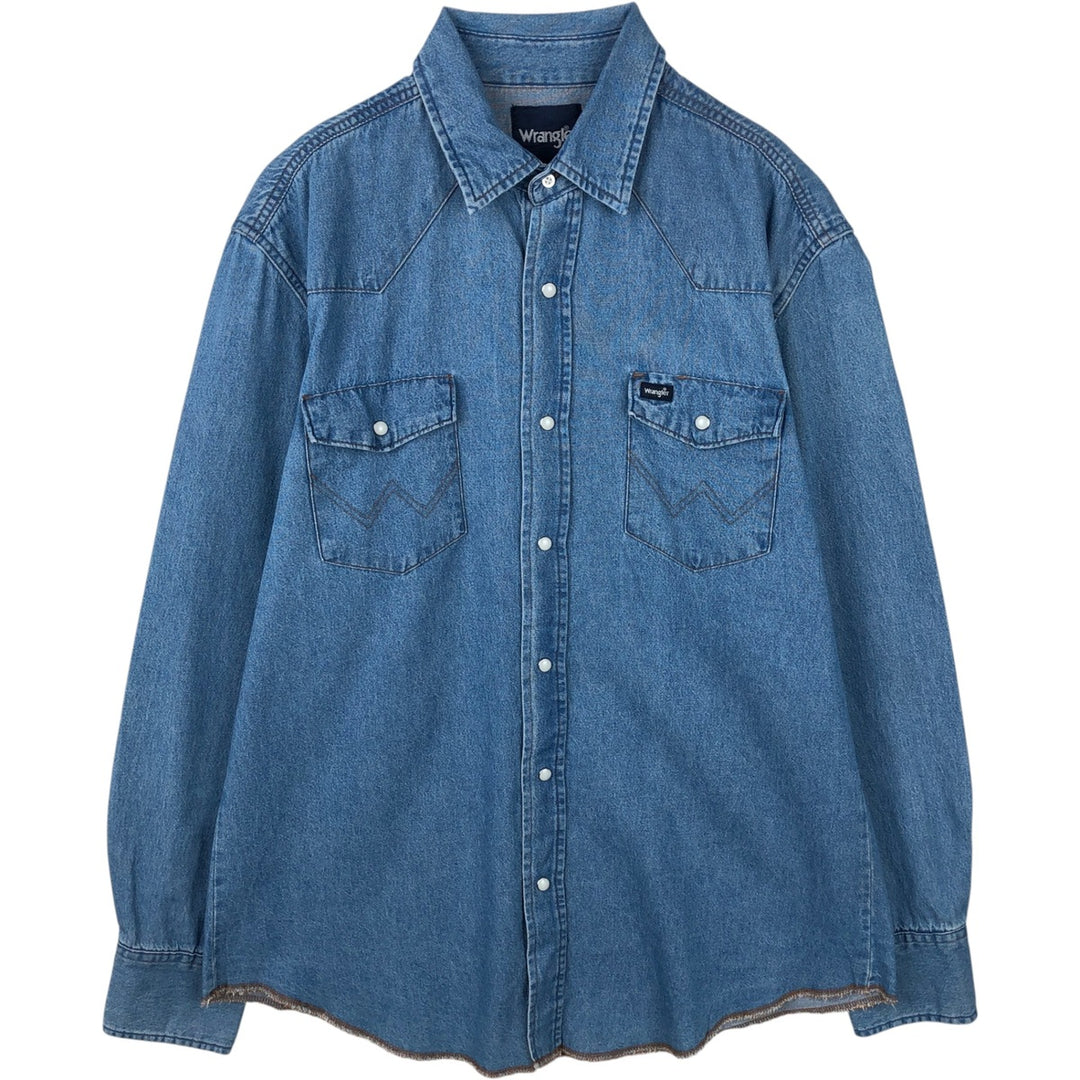 90'S Wrangler Long-Sleeve Denim Western Shirt, Men's Size L (approx.) cotton Blue type light blue Vintage Second Hand